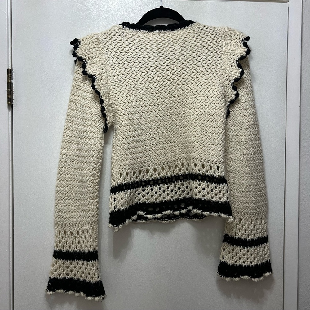 Mango Ruffle Flare Sleeve Sweater Open Knit Cream Black XS Crewneck Pullover - Picture 9 of 11